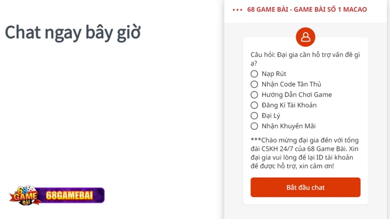 Khung chat hỗ trợ 68 Game Bài